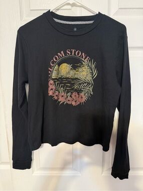 Volcom Black Long Sleeve Tee with Gold Sunset and Pink Floral Graphic